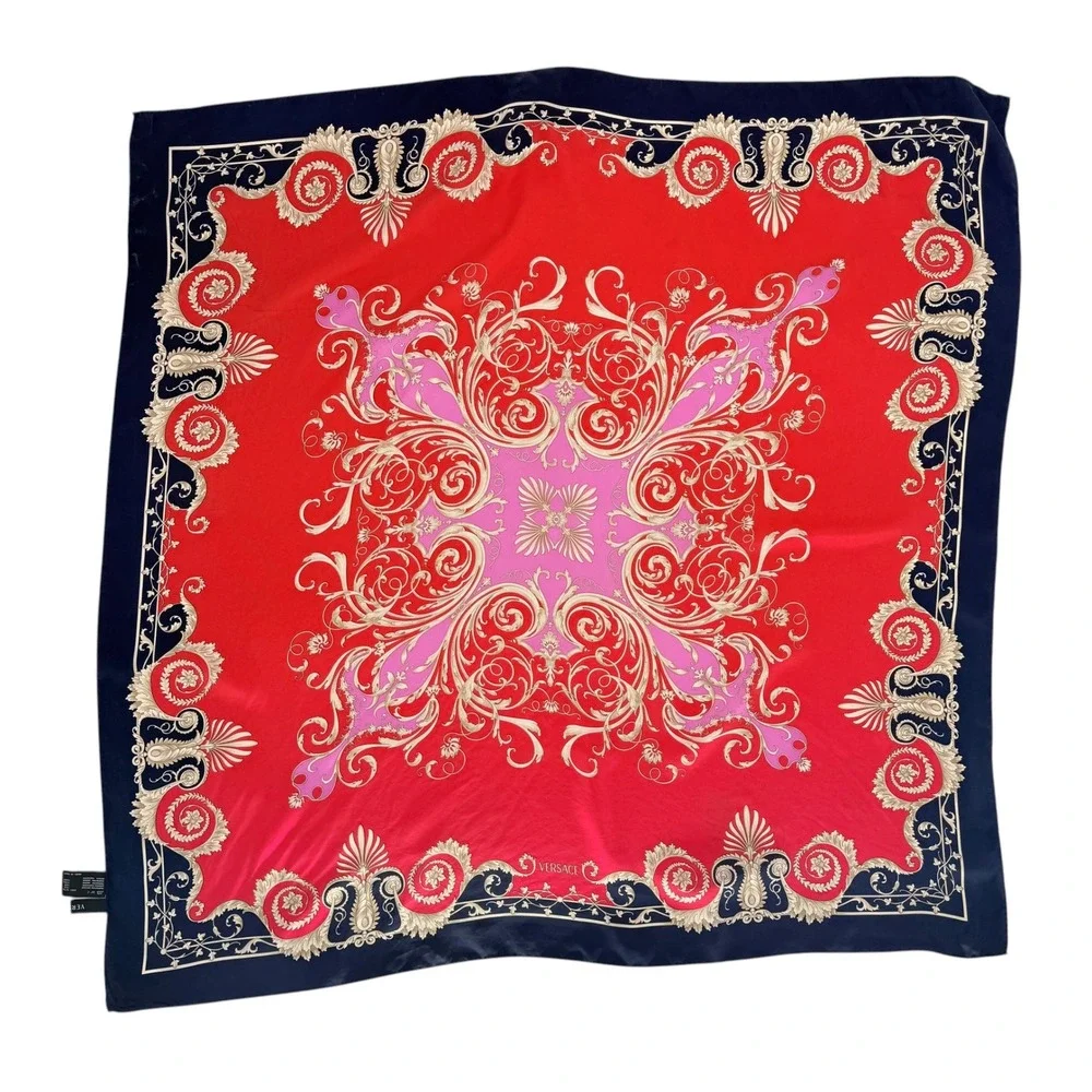 Versace Silk Scarf Red Navy Baroque Filigree Ornate Square 34